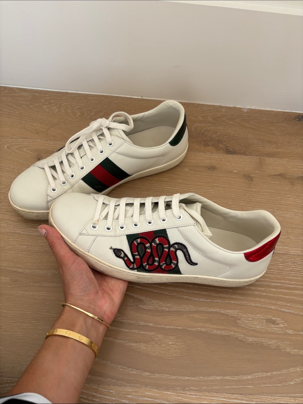 Gucci White Leather Sneakers with Red & Green Stripes and Snake Embroidery